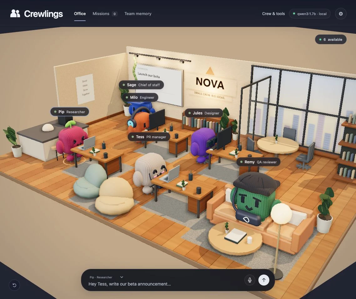 Crewlings' actual startup office with the NOVA company identity