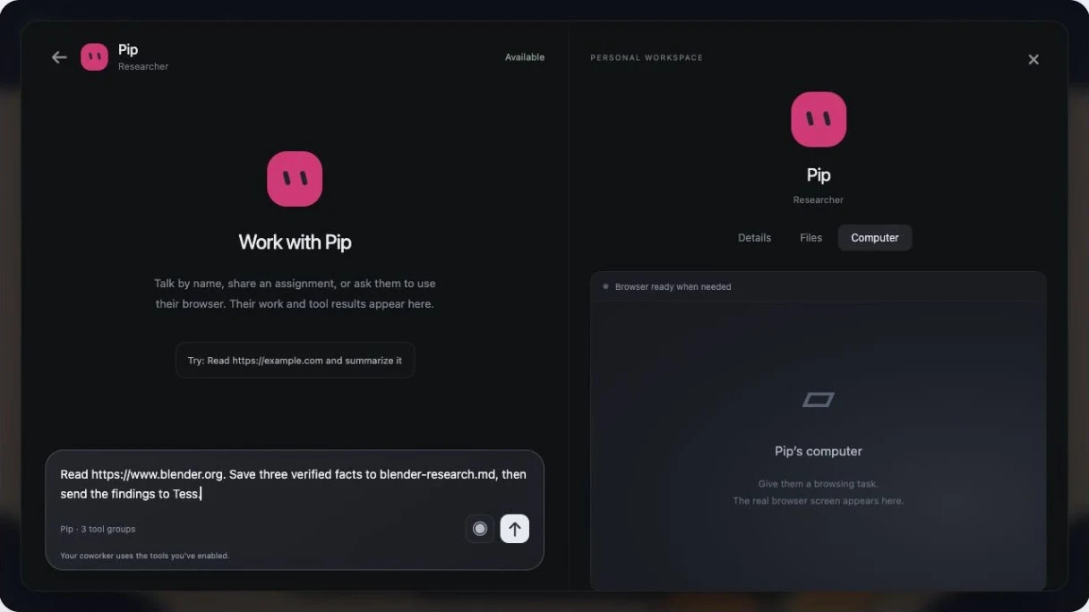 Pip's chat and personal workspace in the actual local prototype