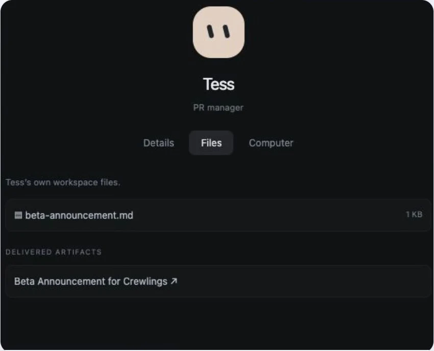 Tess's real workspace showing the saved beta announcement file