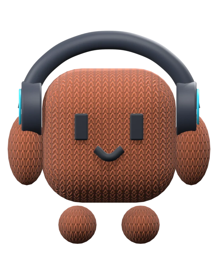 Milo, our orange knitted coworker with headphones