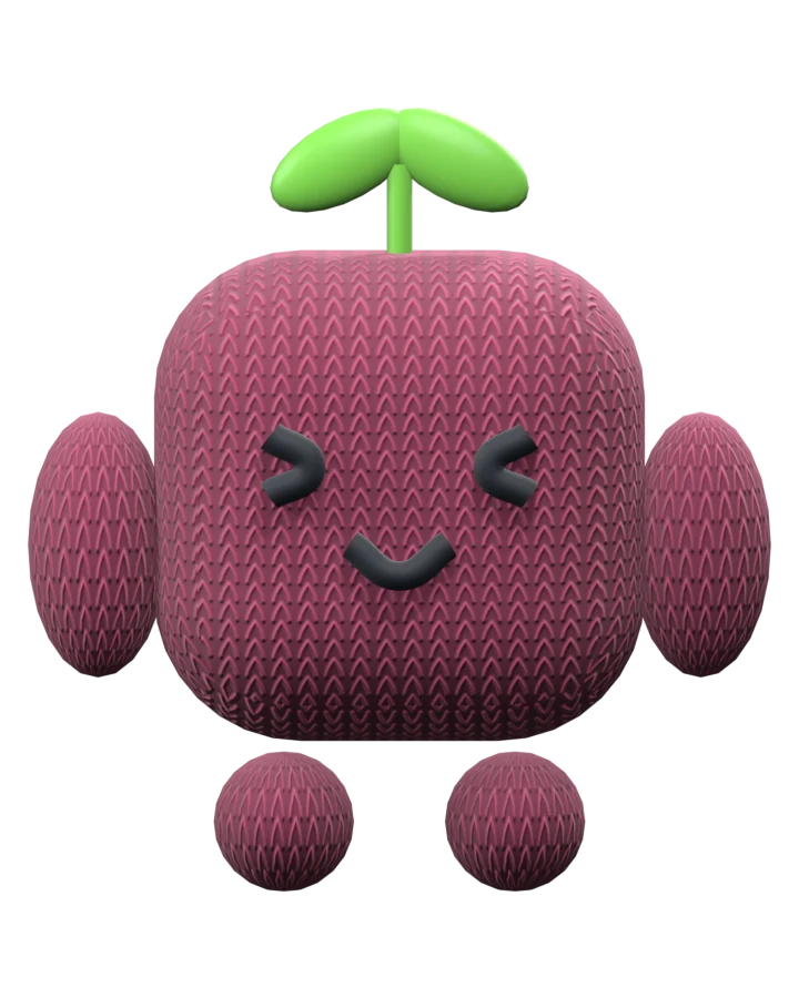 Pip, our pink knitted coworker with a green sprout